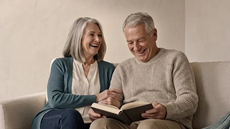 An older couple laughing together on a sofa with a book