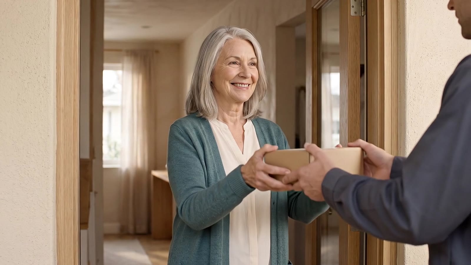 Illustrative image of a delivery at a doorway; no video is available