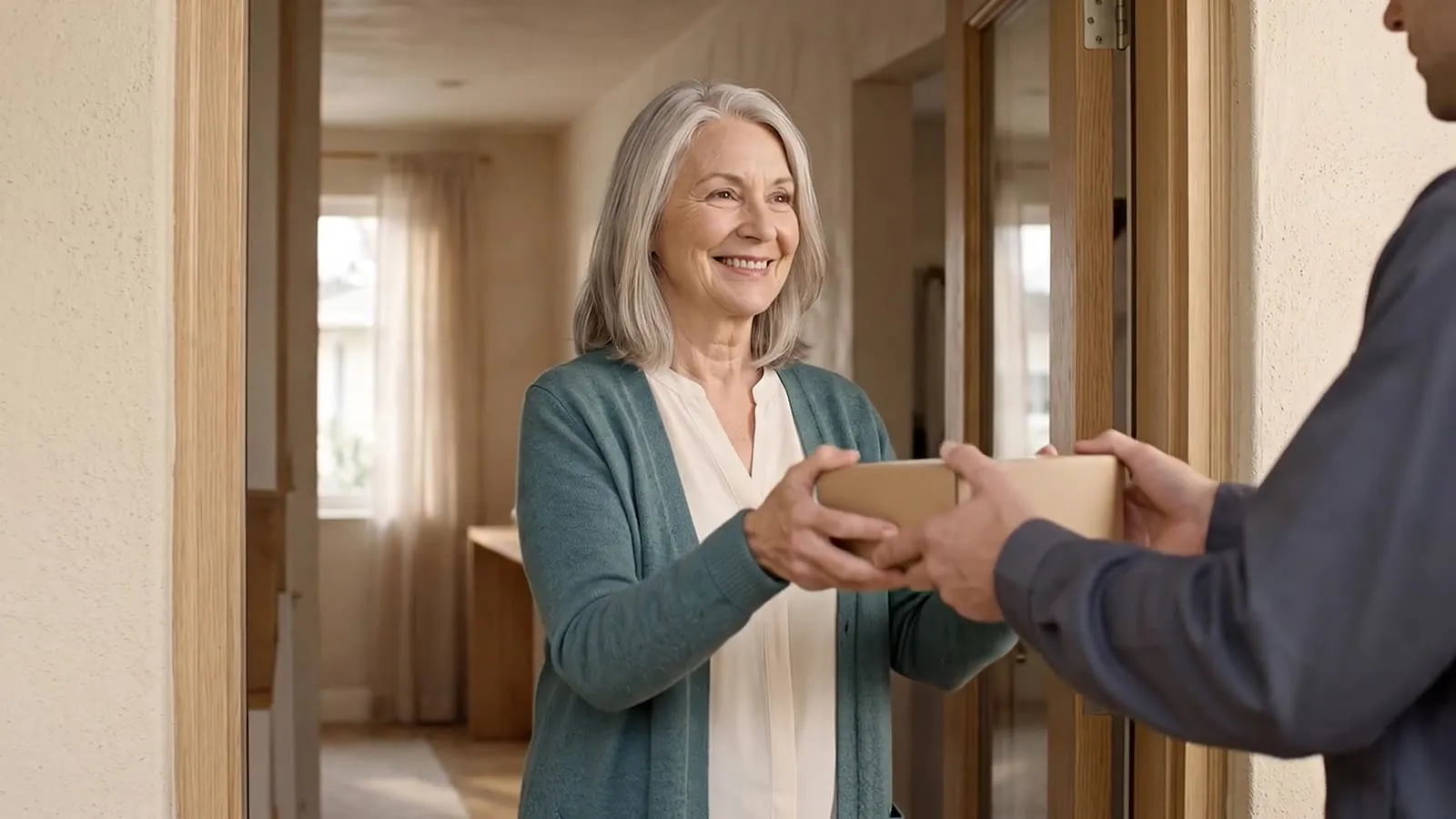 A smiling woman with silver hair receives a small sealed box at her front door