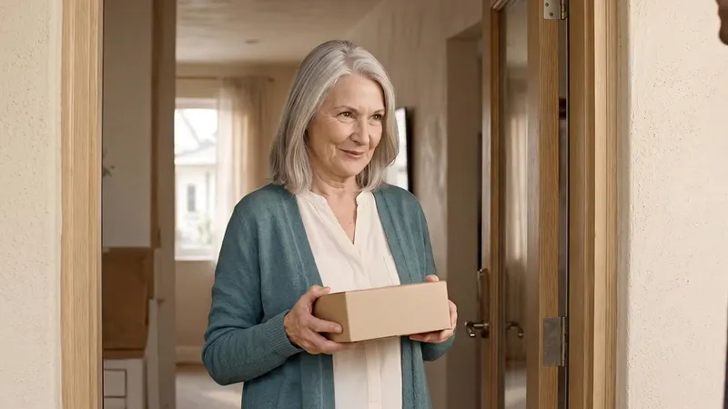 A woman holding a delivered box at her door, smiling