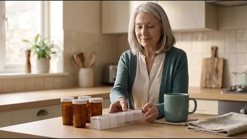 A woman at her kitchen counter beside prescription bottles and a pill organizer