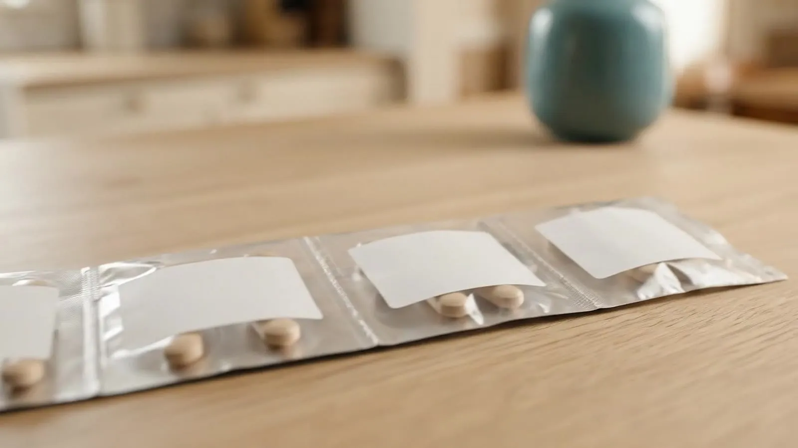 A strip of sealed, labeled prescription packets on a wooden table
